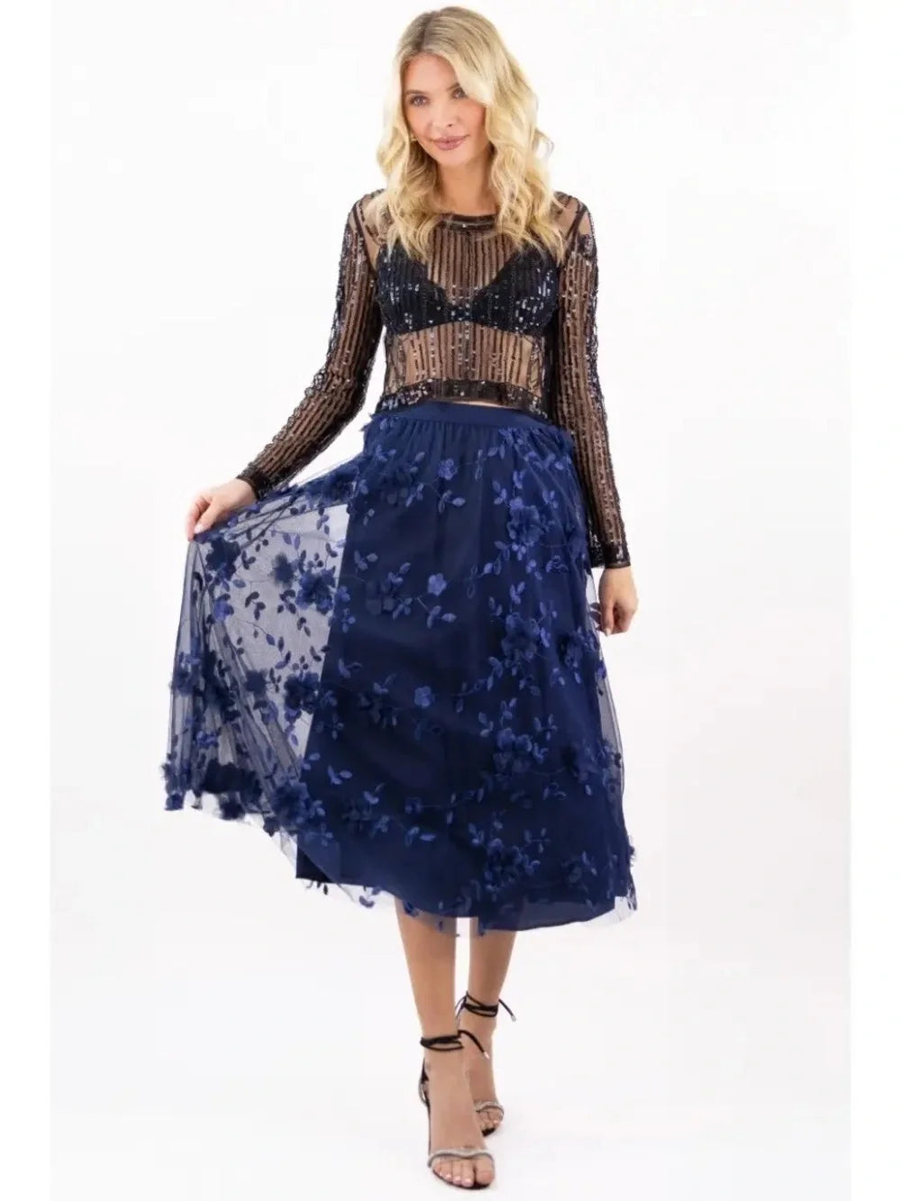 Moonlight 3D Floral Tulle Midi Skirt