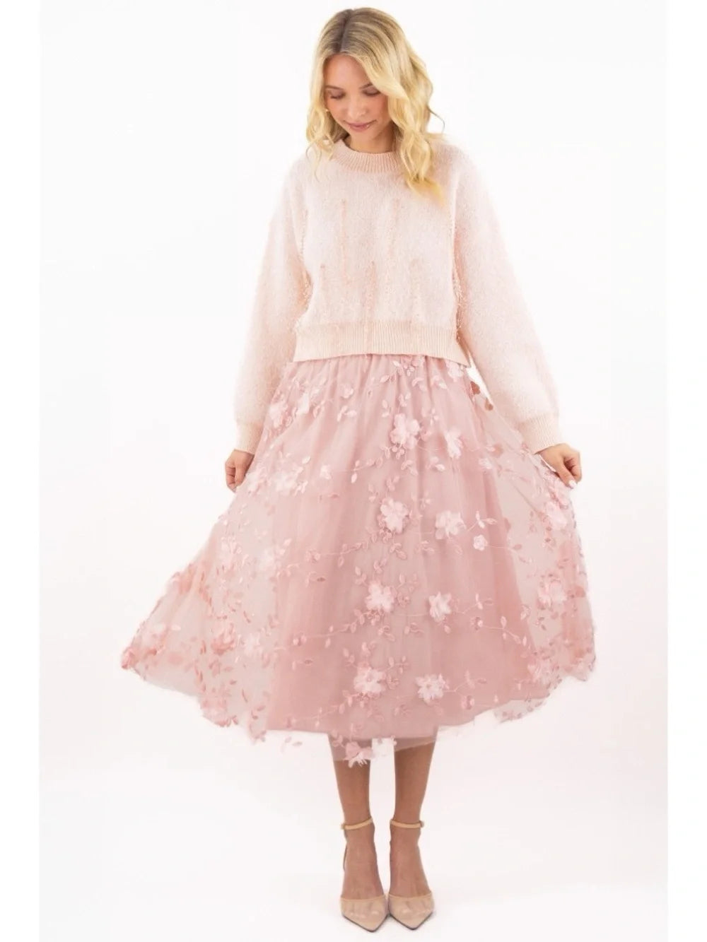 La Jolla Blush 3D Floral Tulle Midi Skirt