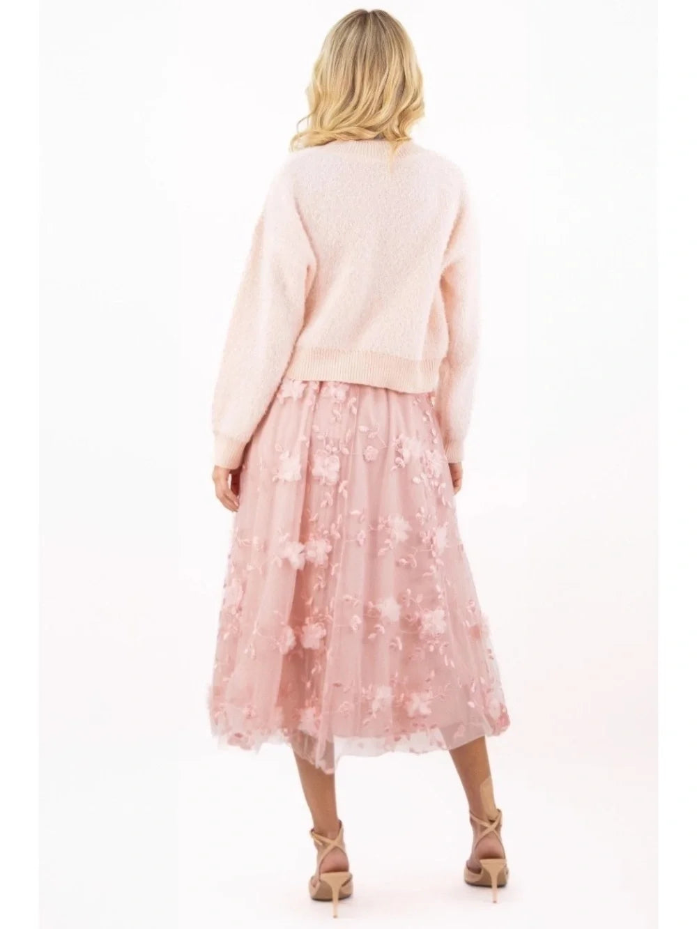 La Jolla Blush 3D Floral Tulle Midi Skirt
