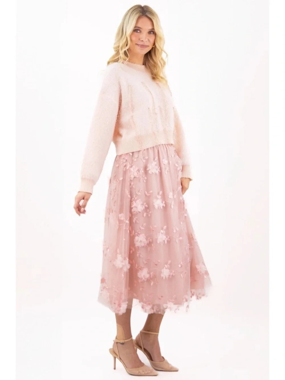 La Jolla Blush 3D Floral Tulle Midi Skirt