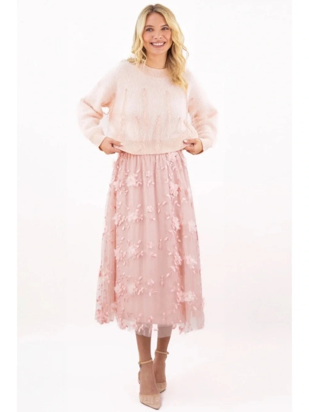 La Jolla Blush 3D Floral Tulle Midi Skirt