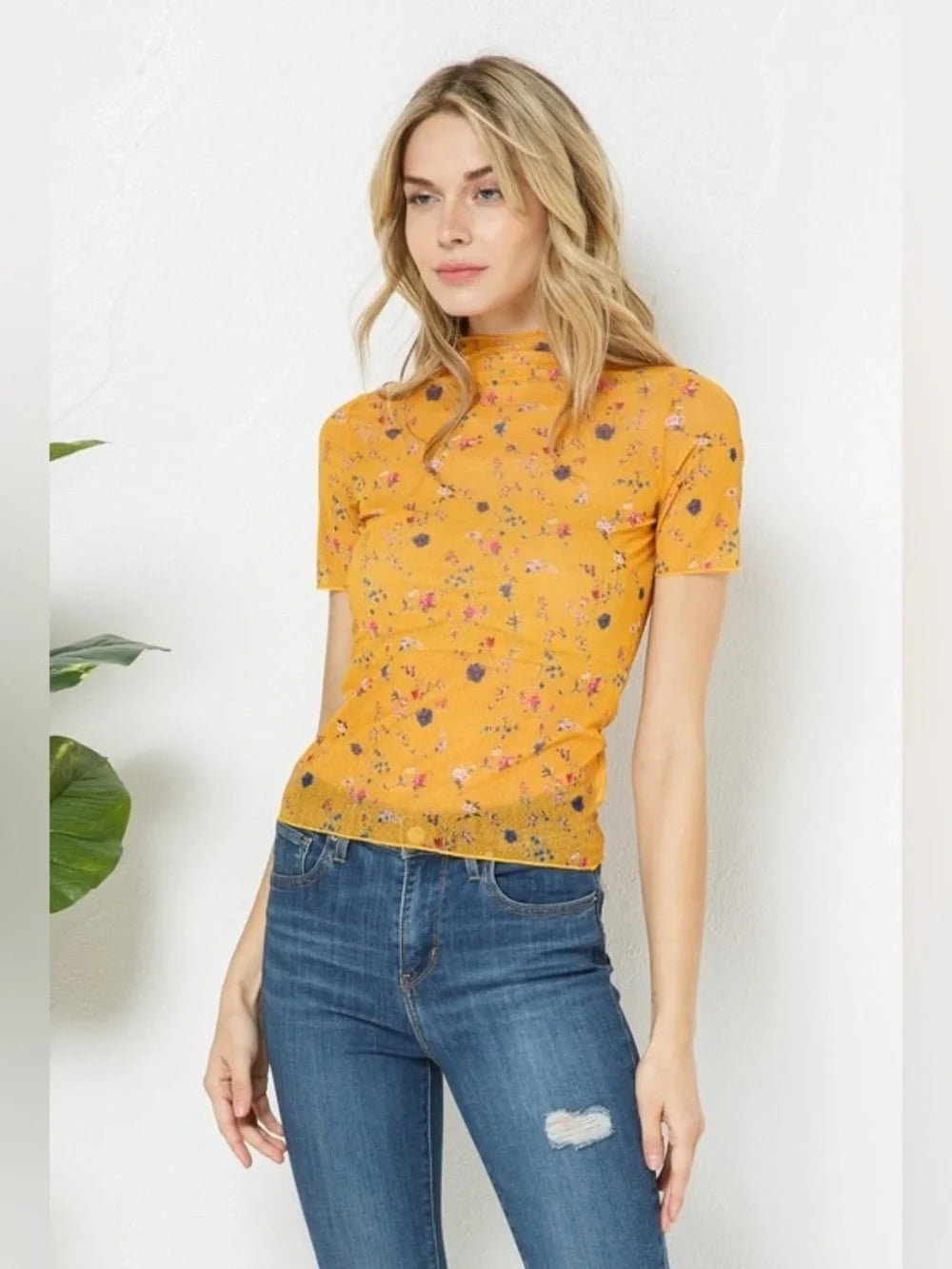 Golden State Floral Lettuce Edge Mock Neck Top