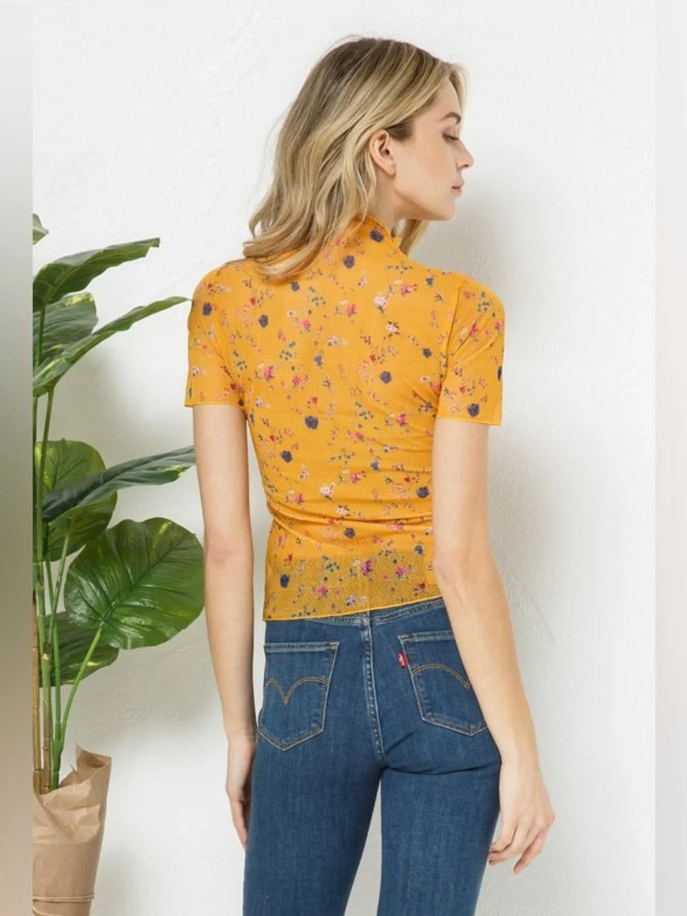 Golden State Floral Lettuce Edge Mock Neck Top
