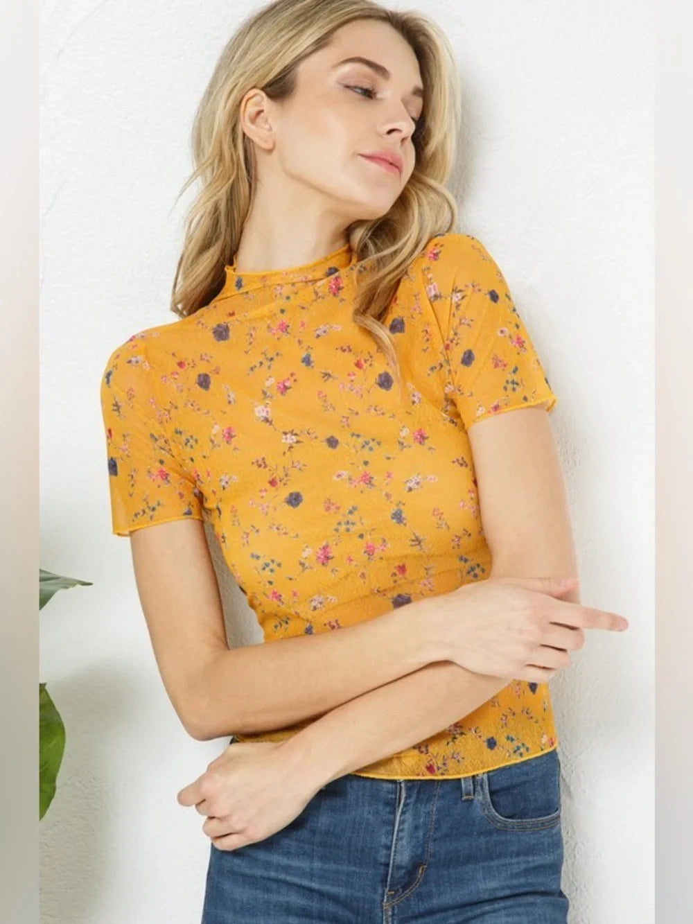Golden State Floral Lettuce Edge Mock Neck Top
