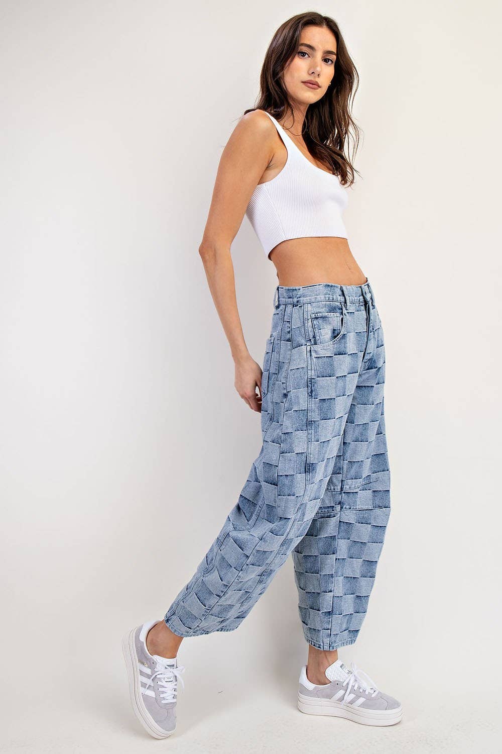 Pacific Beach Checkered Barrel Jeans