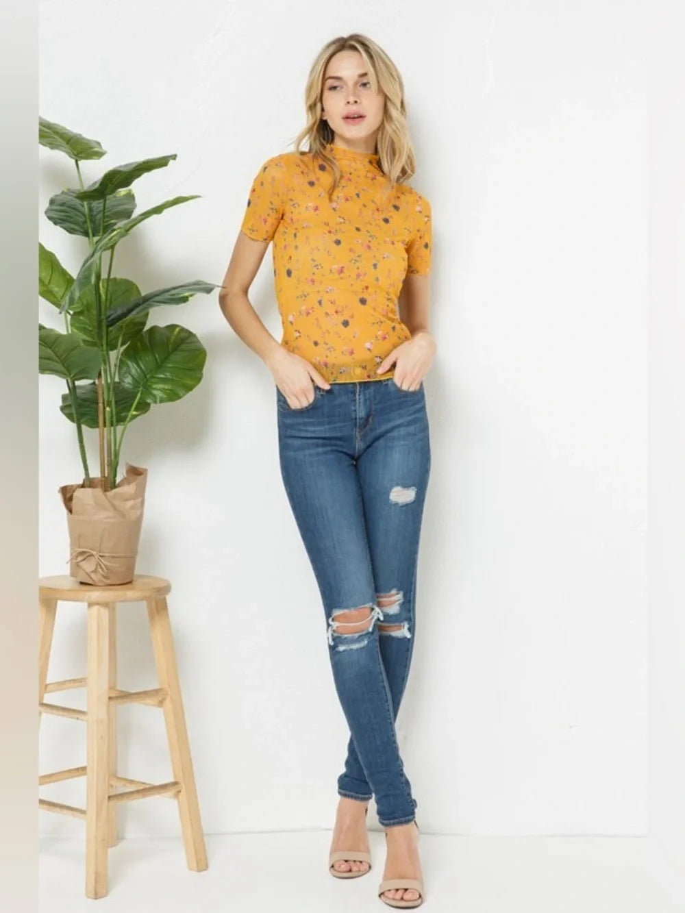 Golden State Floral Lettuce Edge Mock Neck Top